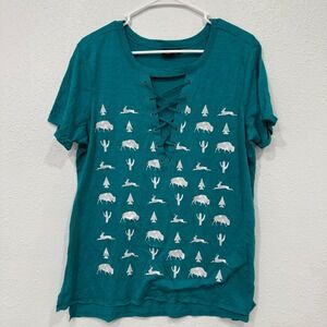 Cruel Denim Womens Turquoise Lace Up T Shirt Medium Buffalo‎ Deer Cactus